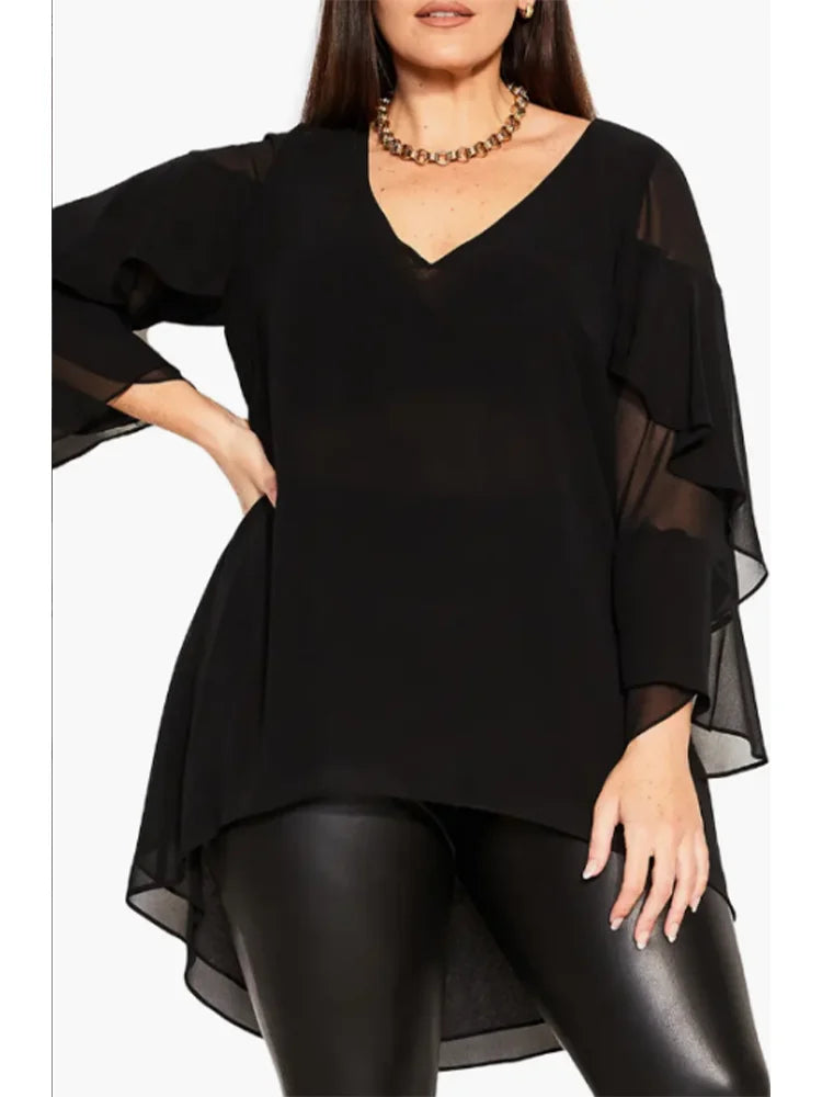 New Female Plus Size Casual Black Layered Ruffle Sleeve Top Office Lady A-Line Spring Autumn V-Neck Fashion Women's Top Blouse