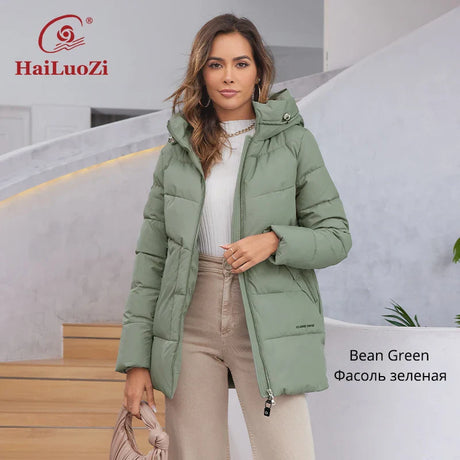 HaiLuoZi 2023 New Women's Jacket Short Warm Hooded Female Winter Outwear Classic Brand Zipper Design Big Pockets Women Coat 9910