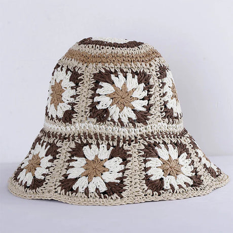 Colorful Crochet Straw Bucket Hat Handmade Knitted Flowers Beach Fisherman Hat for Women Sunshade Cap Vintage Accessories