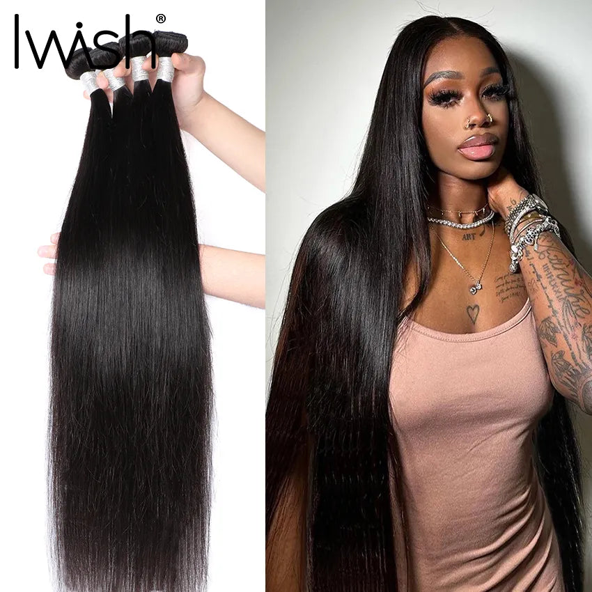 Human Hair Bundles 1/3/4 Piece Hair Extension For Women Brazilian Straight Human Hair Weave Bundles Natural Black 12A Iwish Hair