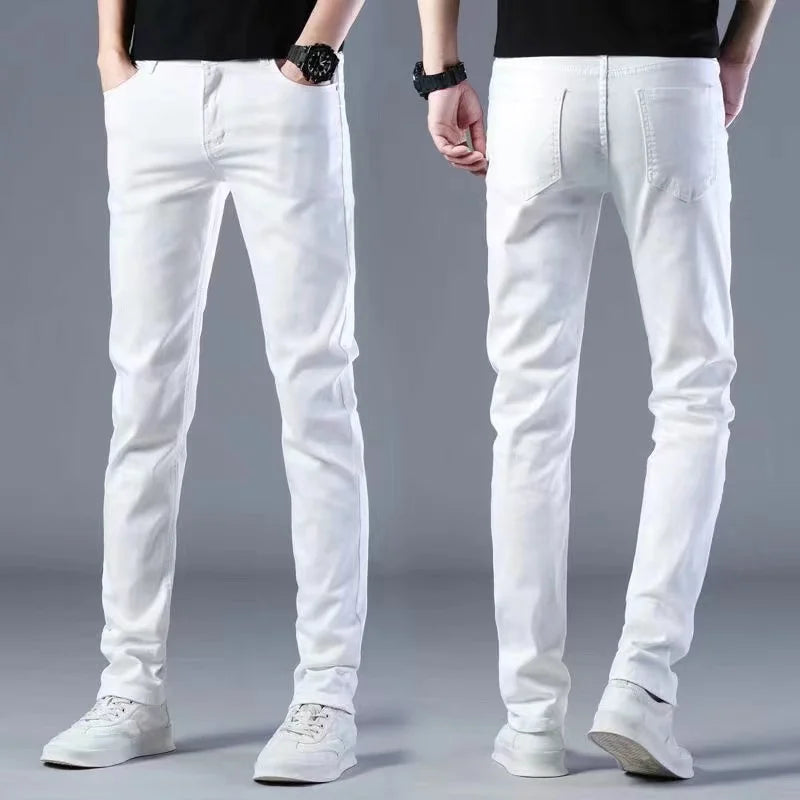 Fashion Mens Slim Fit Denim Pencil Pants High Quality Black White Skinny Stretch Jeans Mens High Street Jeans Four Season