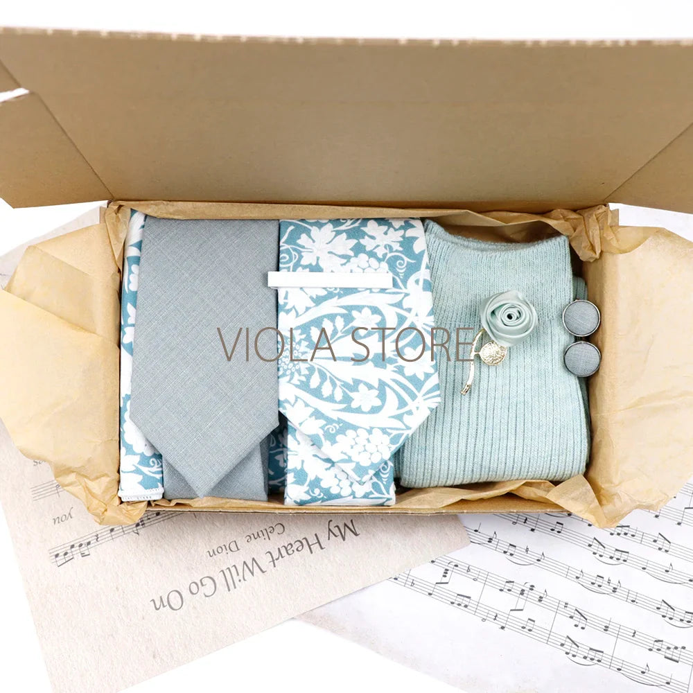 Viola Design 7 PCS Gift Box Cotton Sock Tie Sets Clip Pin Cufflinks Hanky Solid Floral Men Wedding Party Daily Cravat Accessory