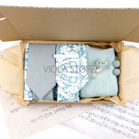 Viola Design 7 PCS Gift Box Cotton Sock Tie Sets Clip Pin Cufflinks Hanky Solid Floral Men Wedding Party Daily Cravat Accessory