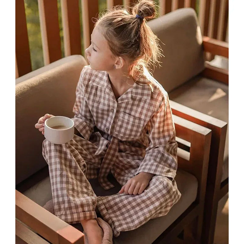 Cute Kid Girl's Turndown Collar Brown Plaid Pajama Sets.Vintage Toddler Kid‘s Pyjamas Set Sleep Loungewear.Children’s Clothing