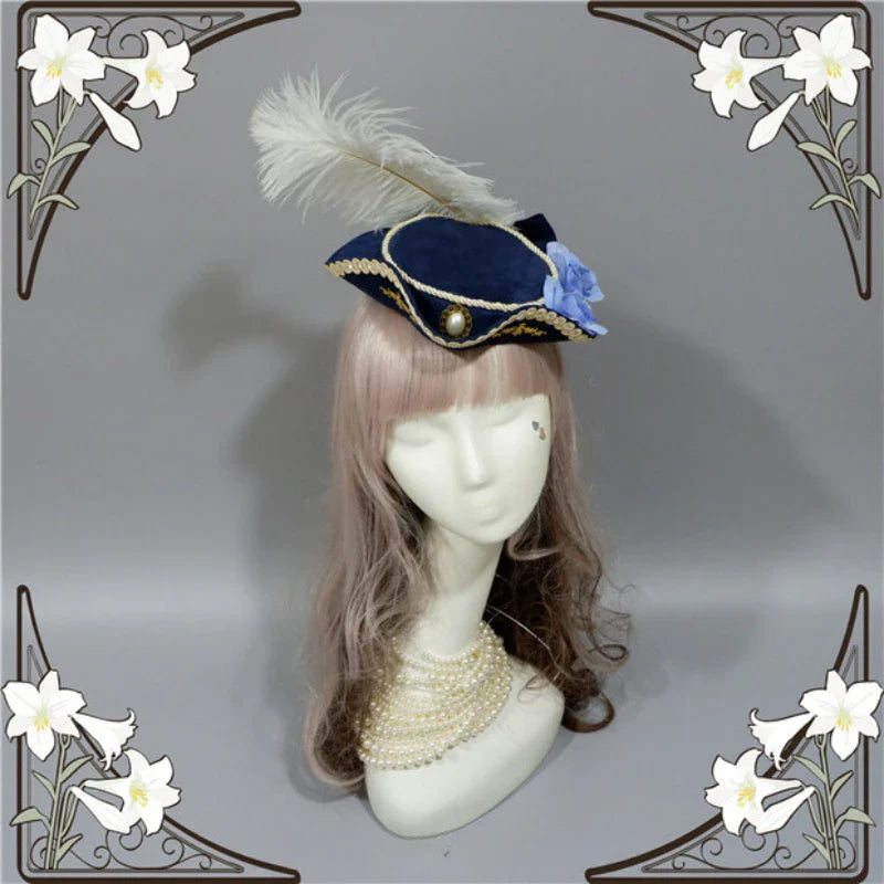 Handmade Customized Lolita Exclusive Original Palace Retro Feather Flower Bow Triangle Hat/Top Hat Lolita Accessories