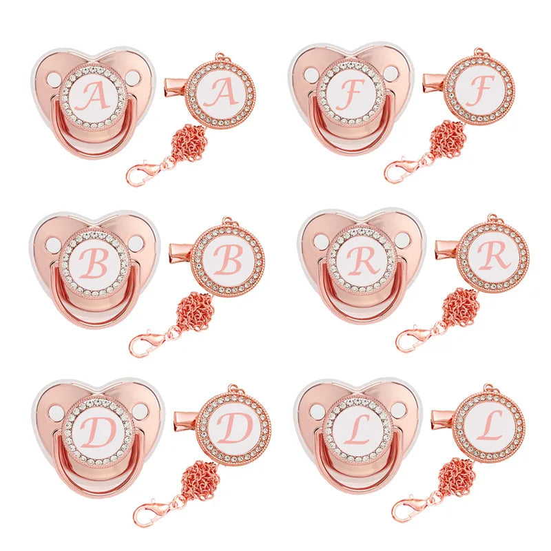 Baby Pacifier Letter Clip Chain Cover Newborn 26 Name Initial Bling Rose Gold Silicone Pacifiers Infant Nipple Dummy Baby Shower