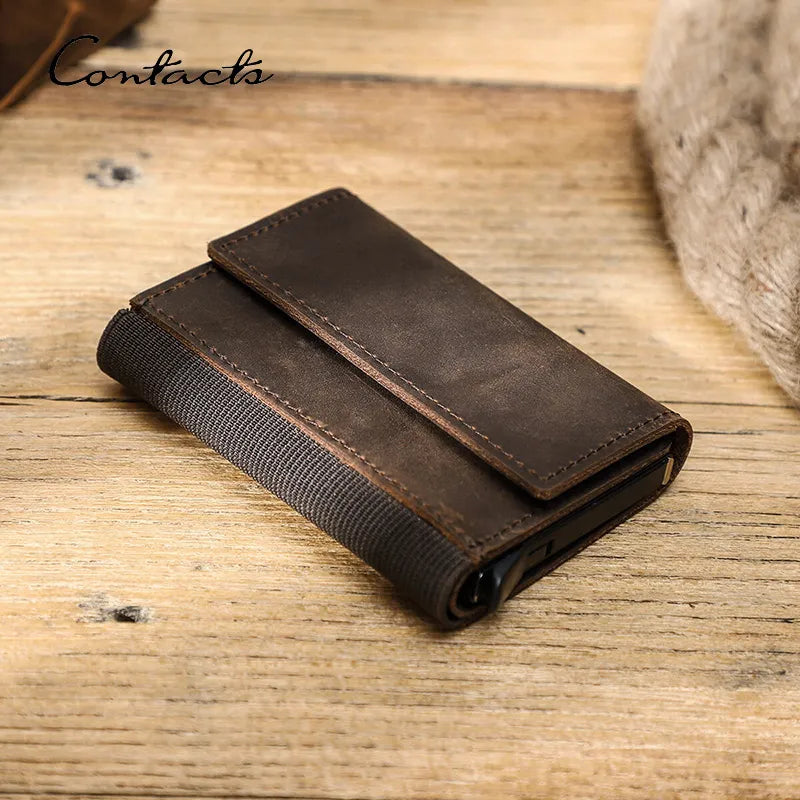 CONTACT'S Genuine Leather RFID Card Wallets for Men Aluminium Box Card Case Card Holders Money Clips Slim Casual Men's Wallets