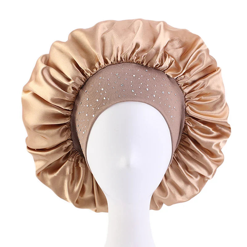 New Women Rhinestone Satin Silky Bonnet Elastic Band Night Caps Shower Cap Head Wrap Brimmed Nightcap Beauty Salon Hair Care Hat