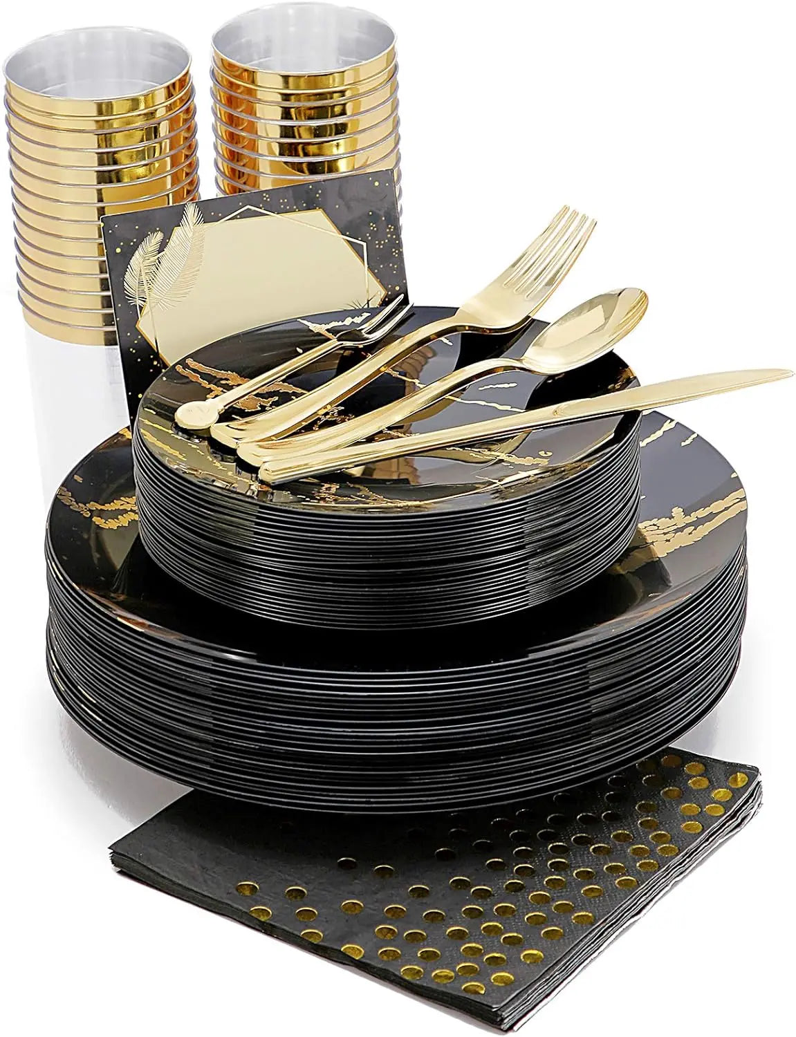 225pcs Gold Disposable Dinnerware Set, 25 Dinner Plates, Dessert Plates, Gold Plastic Silverware, 25 Mini Forks, Gold Cups