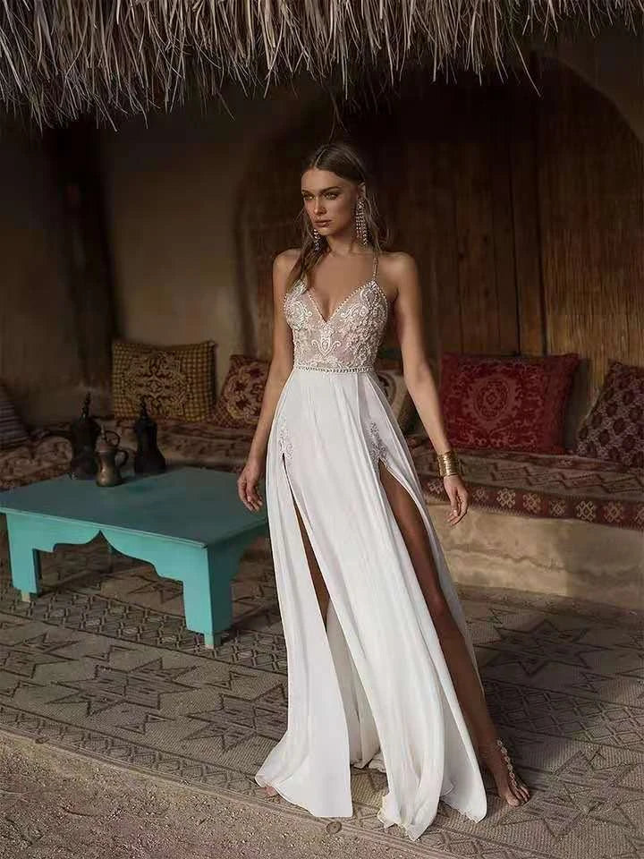 Boho Wedding Dress Sexy Slit Beach Wedding Dress V Neck Bridal Gown Spaghetti Strap Chiffon Backless Vestido De Noiva Brautkleid