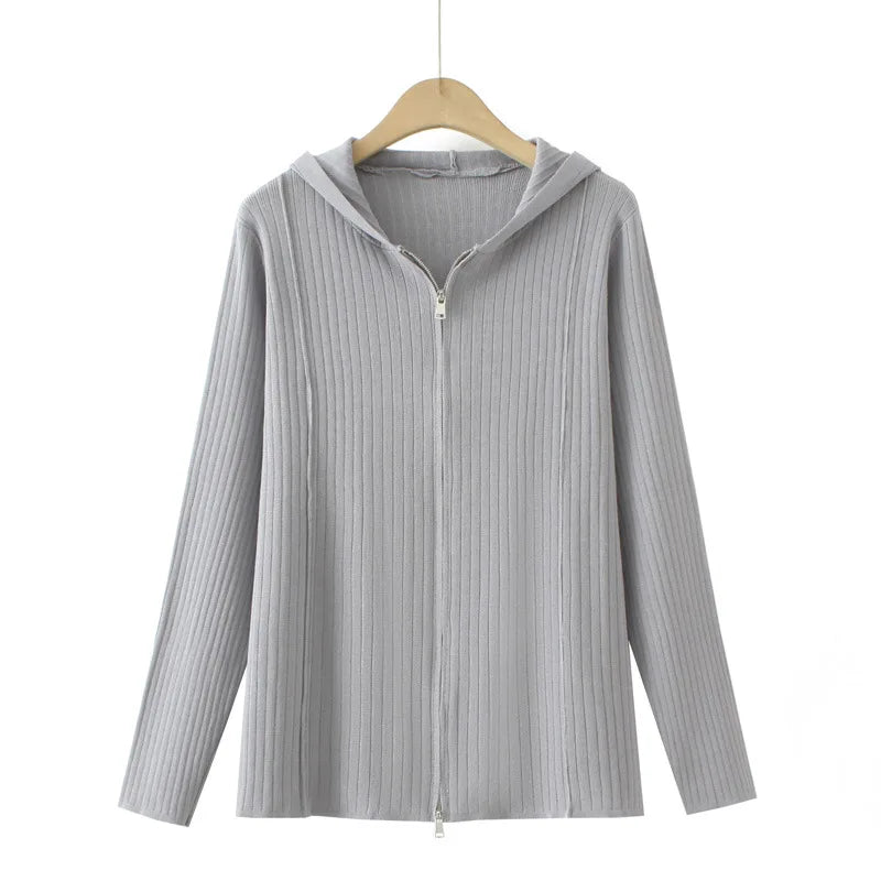 2023 Autumn Clothes Women Cardigan Plus Size Two-Way Zipper Casual Ice Silk Knitted Hooded Striped Sweater Curve F11 1566