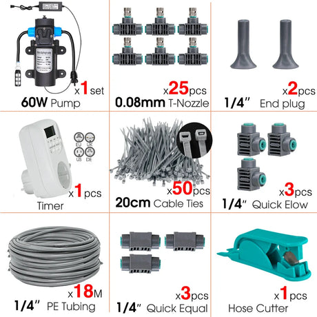 Garden 60W Self-Priming Pump Timer Mistsing Irrigation Kit for Greenhouse 1/4”Hose Sprayer Nozzle Automatic Irrigation Equipment