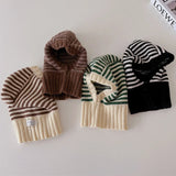 2-6Y Unisex Kids One-Piece Hats Scarf Winter Baby Girls Boys Stripe Knit Cap Woolen Yarn Scarf Earmuff Warm Keep Set for Outdoor