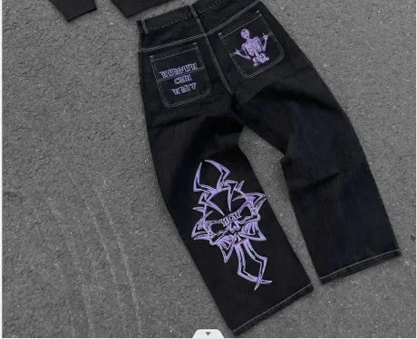 Harajuku Y2K men jeans vintage goth  Skull Embroidery Washed wide leg jeans streetwear Men Women Straight Casual baggy jeans