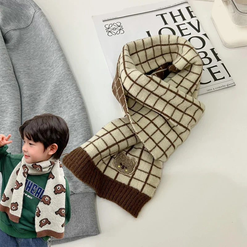 Winter Knitted Scarf For Children Warm Long Scarves Cute Plaid Striped Bear Boys Girls Neck Scarf Shawl Korean Style