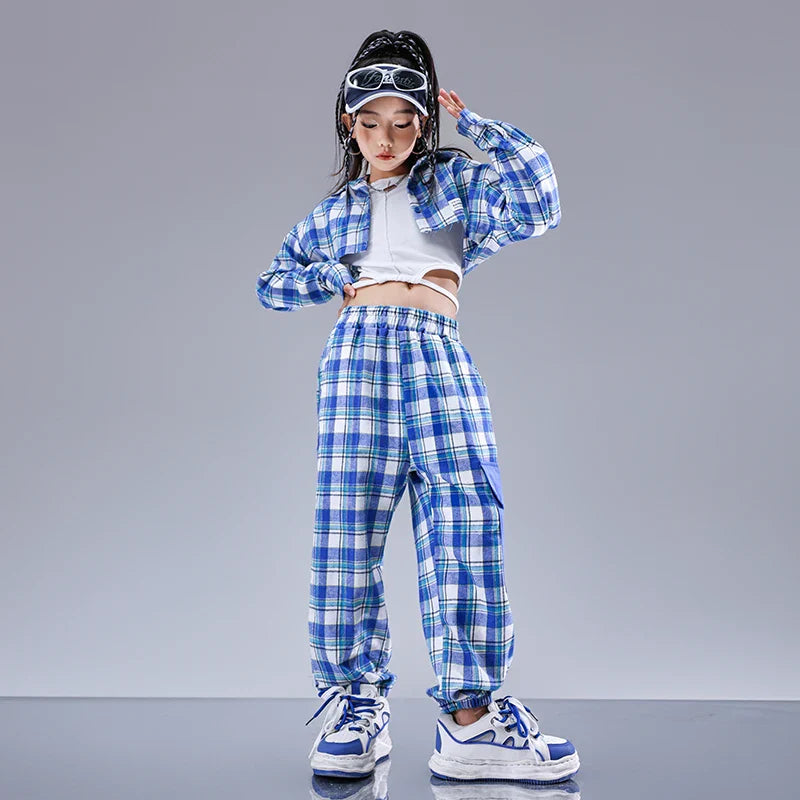 Girls Hip Hop Cool Shirt Street Dance Baggy Cargo Pants Children Crop Plaid Jacket Streetwear Kids Jazz Joggers Clothes Sets