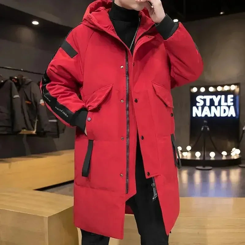 Men's Parkas Hooded New Over-the-knee Overcoat Thickened Mid-length Jacket Zipper Buttons Winter White Duck Down Jackets