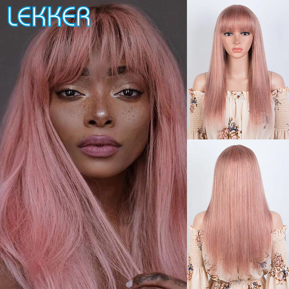 Lekker Wear to go Rose Pink Bone Straight Human Hair Wigs With Bangs For Women Brazilian Remy Hair Glueless Colored Long Wigs