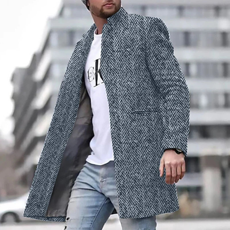 Men Woolen Coat Jacket Fashion Striped Geometric Print Young Mens Clothes Autumn Winter Single Breasted Pocket Overcoat Outwear