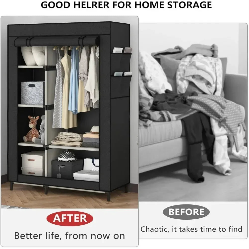 Canvas Wardrobe Portable Closet Wardrobe Clothes Storage with 6 Shelves and Hanging Rail,Non-Woven Fabric