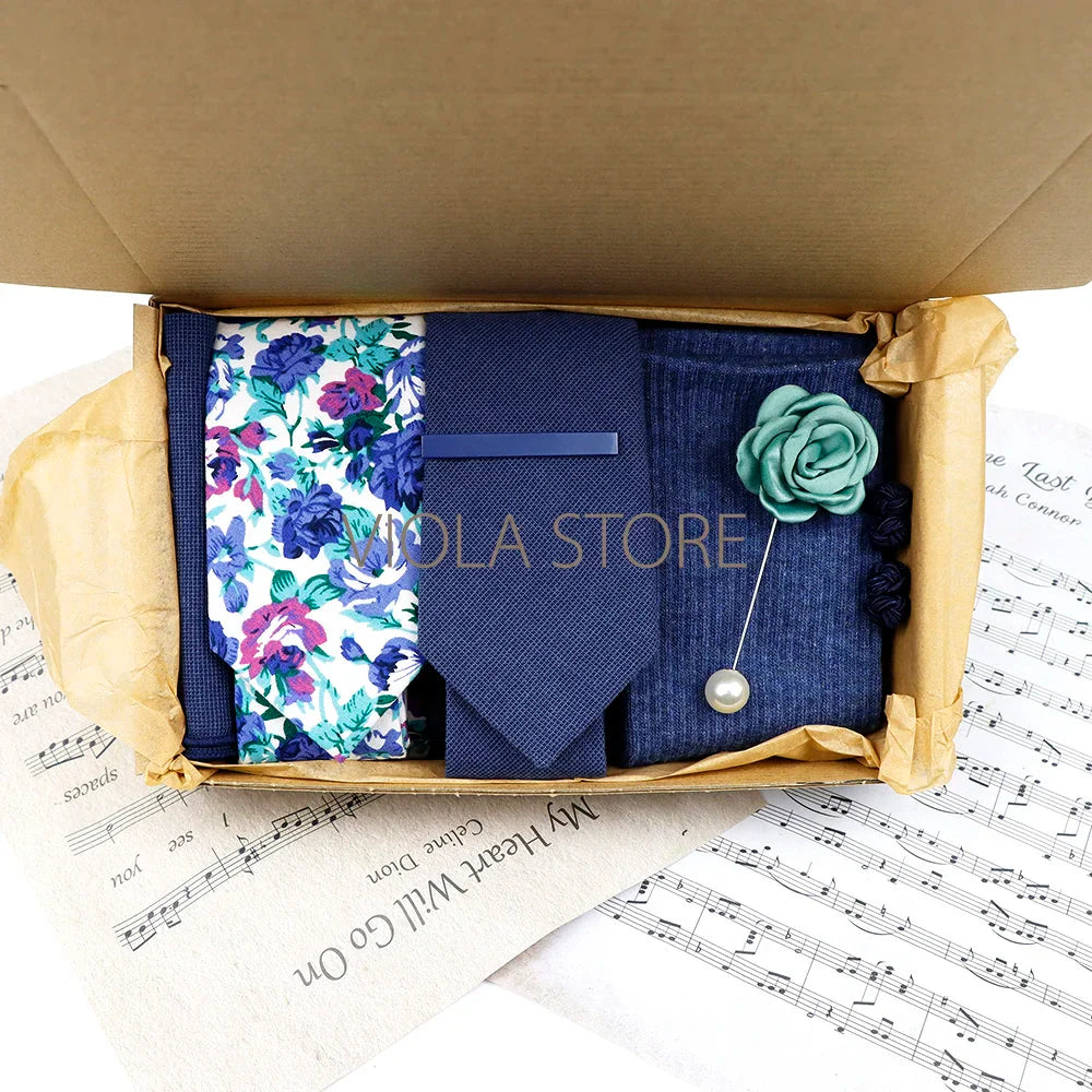 Viola Design Gift Box Hot Solid Floral Cotton Sock Necktie Set Clip Cufflinks Pin Hanky Men Wedding Party Daily Cravat Accessory