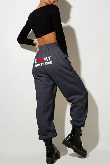 I Love My Boyfriend Printed Sweatpants Y2k High Elastic Waist Drawstring Baggy Trousers Vintage Casual Loose Straight Pants