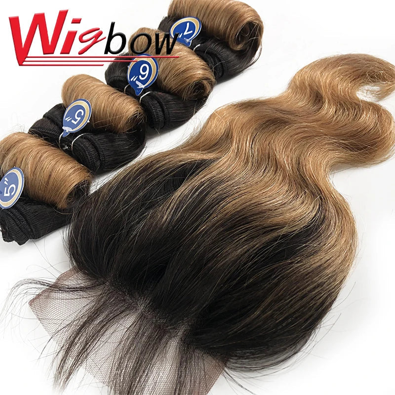 Blonde Bundles With Closure Short Human Hair Braizlian Curly Bundles With 4x4 Lace Closure Ombre 4+1 Bundles T1B 30 27 Bug