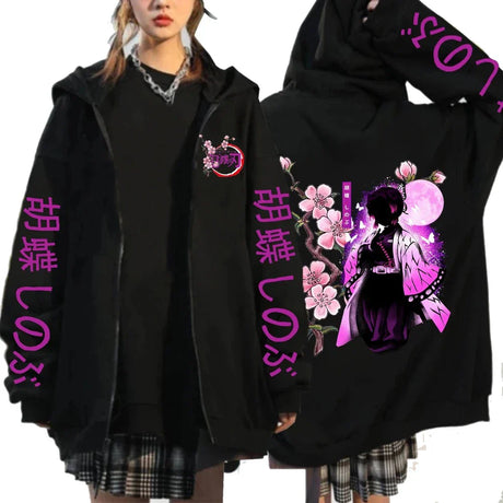 Men Women Anime Zip Hoodie Demon Slayer Graphic Print Plus Size Sweatshirt Harajuku Unisex Winter Warm Streetwear Zip Up Jacket