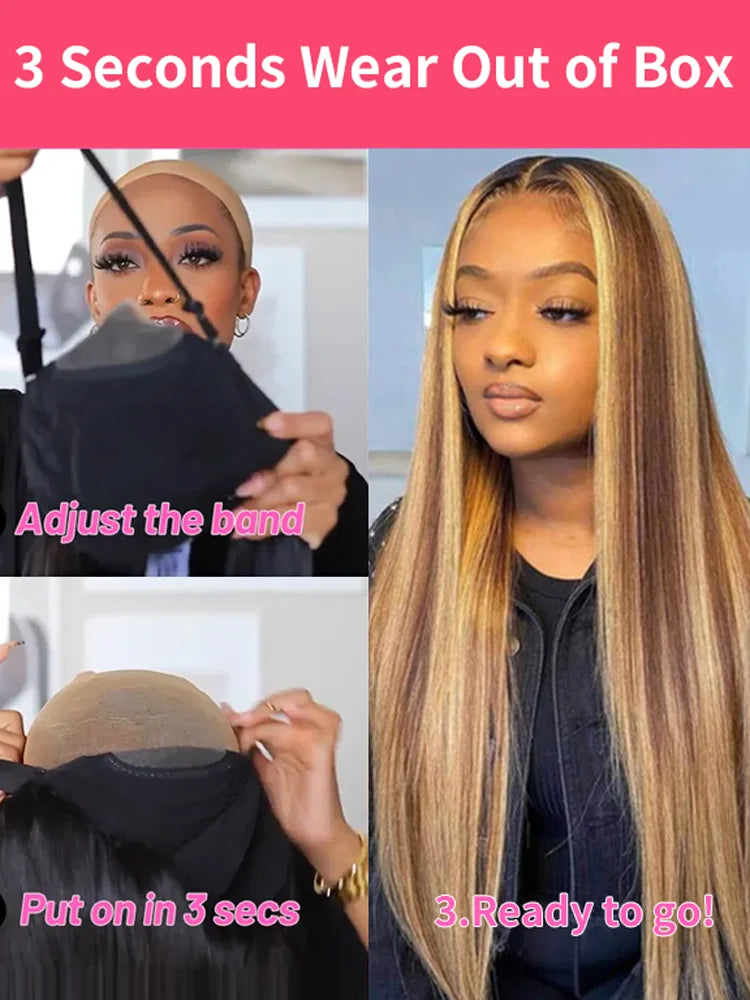 Wear Go Glueless Wig Ombre Honey Blonde Straight Lace Front Wig Human Hair Colored Highlight 13x6 HD Lace Frontal Wig 30 34 Inch