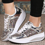 Fashion Ladies Women'S Shoes Sport Sequins Wedges Shoes Shake Silver Comfortable Sport Jogging Tennis Lace-Up Running Sneakers