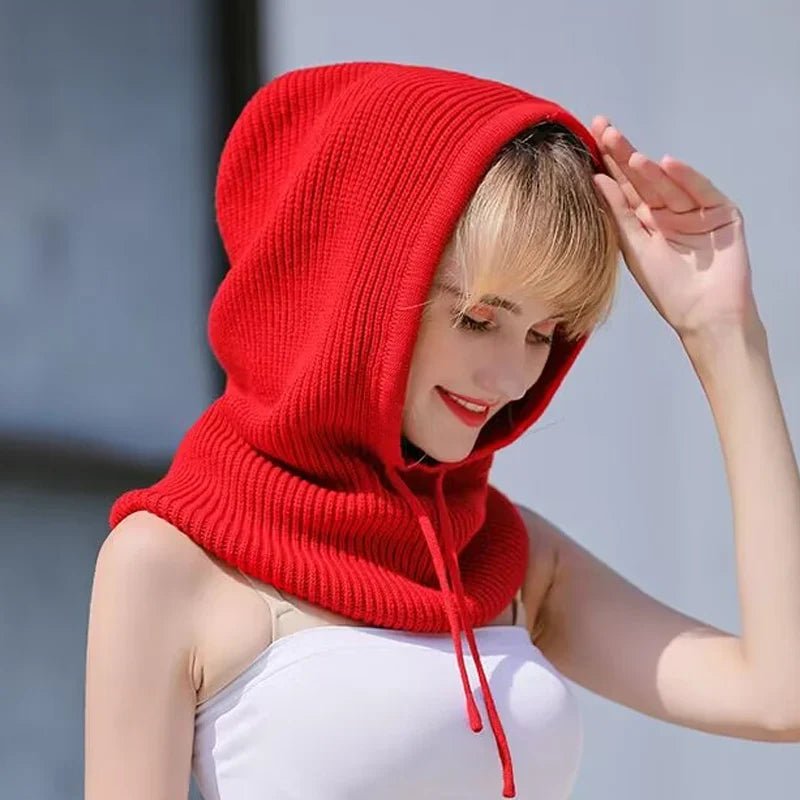 Cashmere wool hat, scarf, one piece, women's autumn and winter thickened knit Korean version warm hooded scarf, large fake hat