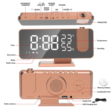 FM Radio Digital Alarm Clock Temp Humidity with 180°  Time Projector Electronic Table Clock 12/24H Snooze Projection LED Clock