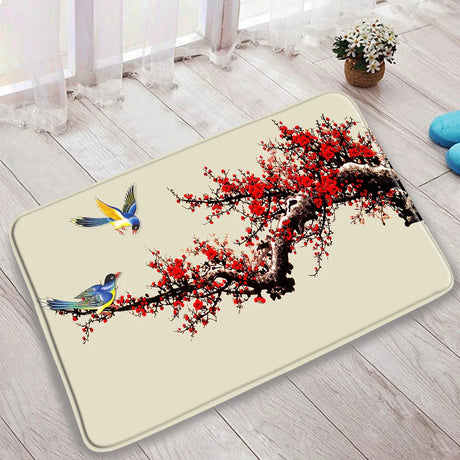 Chinese Style Red Plum Fish Bamboo Printing Bath Mat Bedroom Kitchen Non-Slip Carpet Toilet Cover Rug Flannel Shower Room Decor