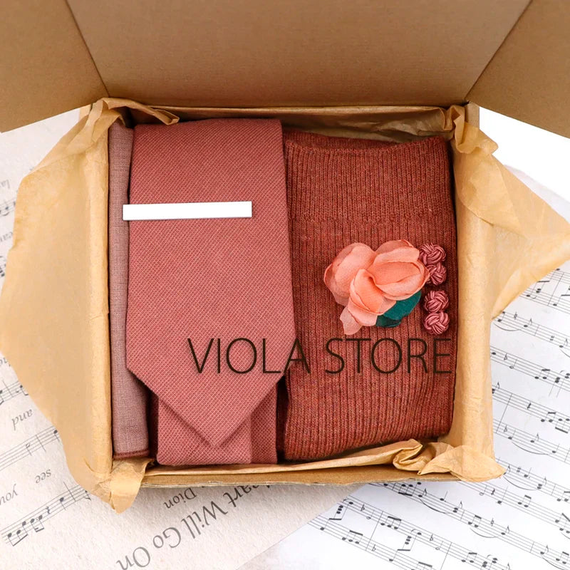 Viola Design 5PCS Gift Box Solid Cotton Sock Tie Sets Clip Pin Cufflinks Hanky Colorful Men Wedding Party Daily Cravat Accessory