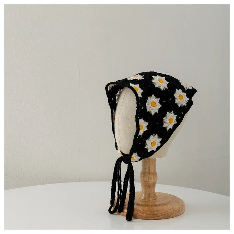 Handmade Crocheted Headscarves for Girls Sunflower Knitted Headband with Triangular Scarf Cute Children's Headbands