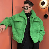 Green Ruffian Jacket for Men Lamb Wool Thickened Padded Jacket Plush Winter Trendy Baseball Clothes Single-breasted Hipster Coat