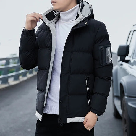 2024 Winter Korean Style Parkas Men's Puffer Jacket Long Sleeve Hooded Coats Bomber Jacket Thicker Warm Zipper Outerwear for Men