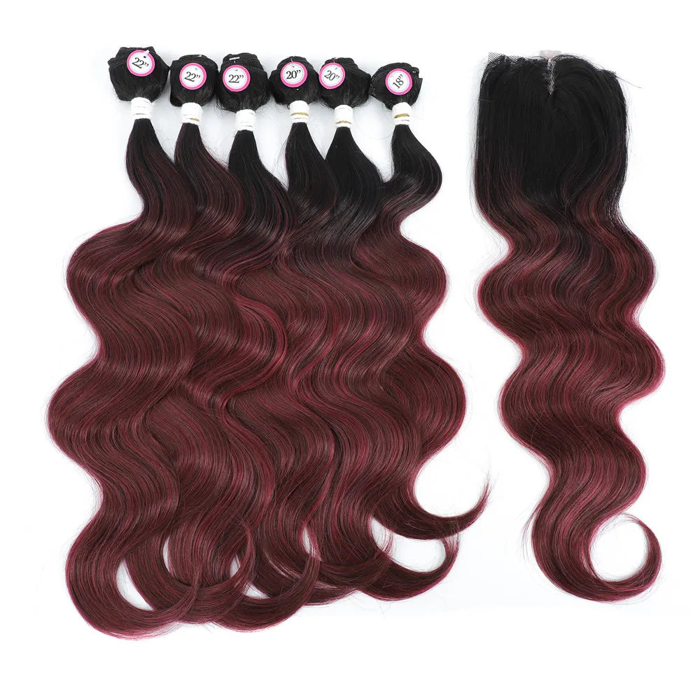 X-TRESS Body Wave Hair Bundles With Middle Part Closure Soft Synthetic Hair Weave Extensions For Black Women 7PCS One Pack