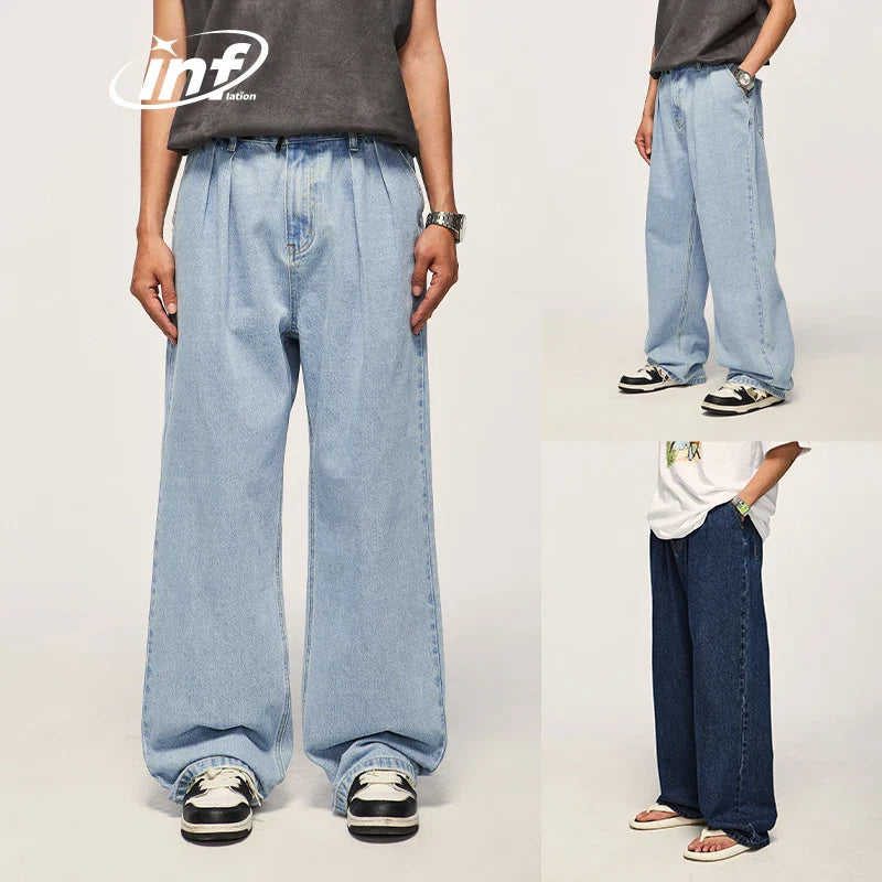 INFLATION Brown Retro Washed Denim Pants Unisex Classic Straight Leg Jeans Male Trouesr Plus Size