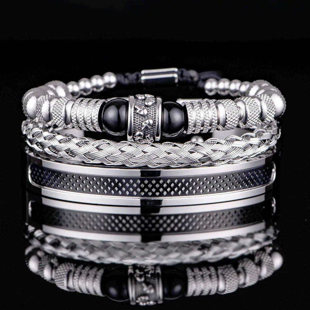 3pcs Set Men Bracelet Stainless Steel Handmade Rope Bangles Men Skull Bracelets with Tigereye Natural Stone Gift Accessories