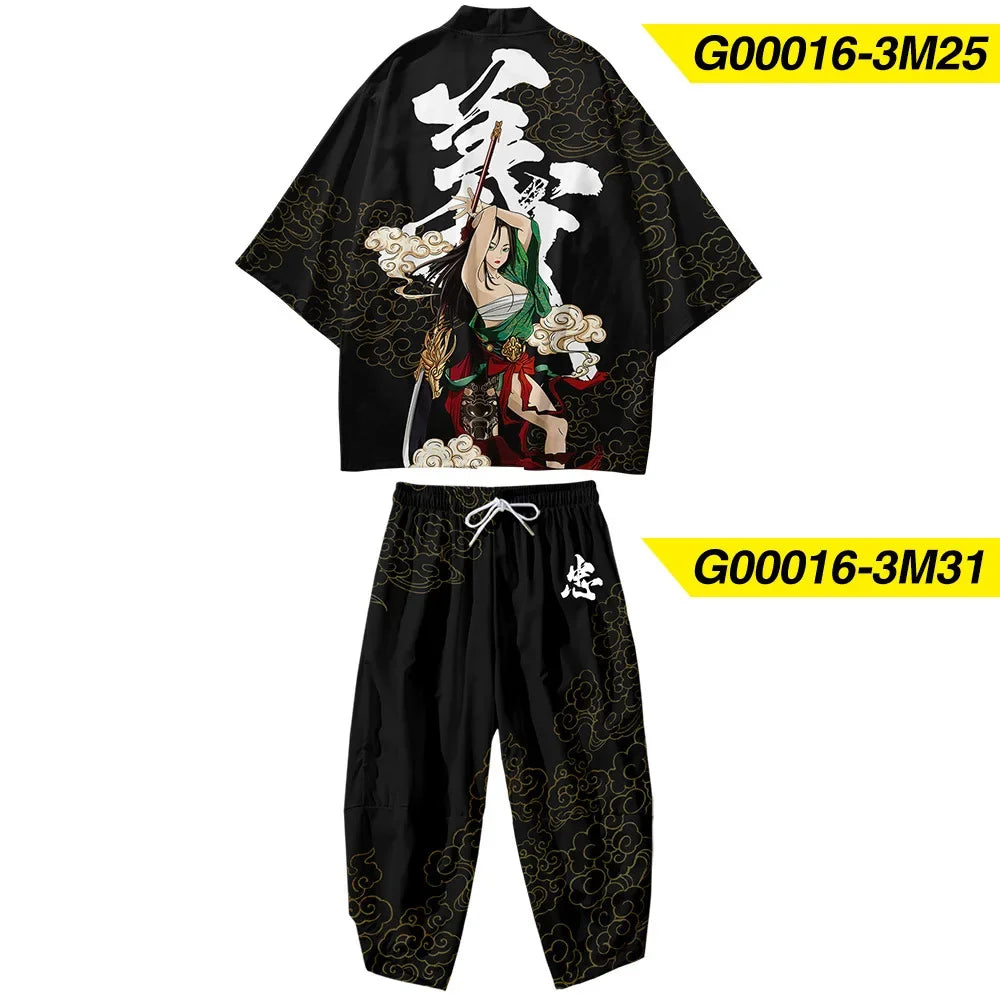 Two-piece Suit Plus Size S-6XL Loose Japanese Cardigan Women Men Cosplay Yukata Clothing Harajuku Samurai Kimono + Pants Sets