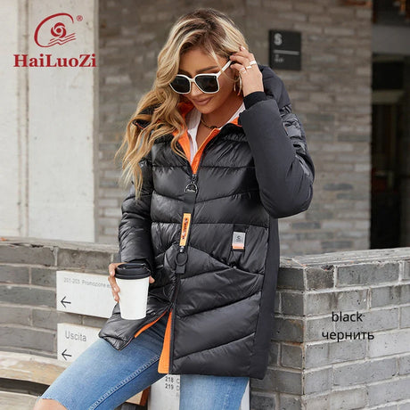 HaiLuoZi 2022 New Winter Women's Jacket Warm and Thick Short Fashion Zipper Design Hooded High Neck Female Parka Women Coat 886