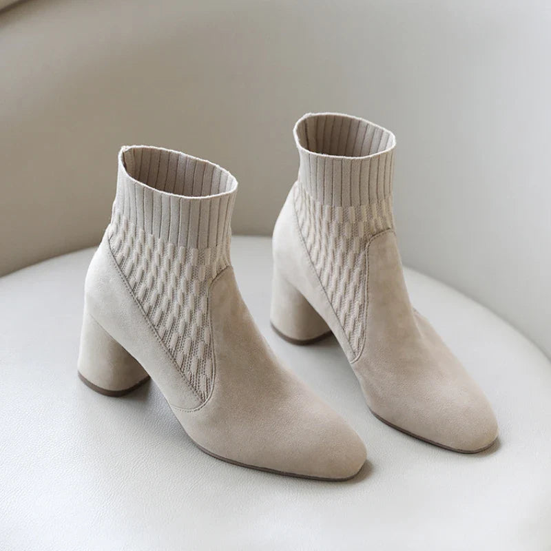 Pointed Ankle Boots Winter Women New Casual Chelsea Boots Women Medium Heel Knitted Sock Boots Women Faux Suede Female Heels