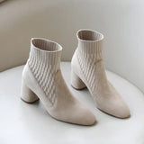 Pointed Ankle Boots Winter Women New Casual Chelsea Boots Women Medium Heel Knitted Sock Boots Women Faux Suede Female Heels