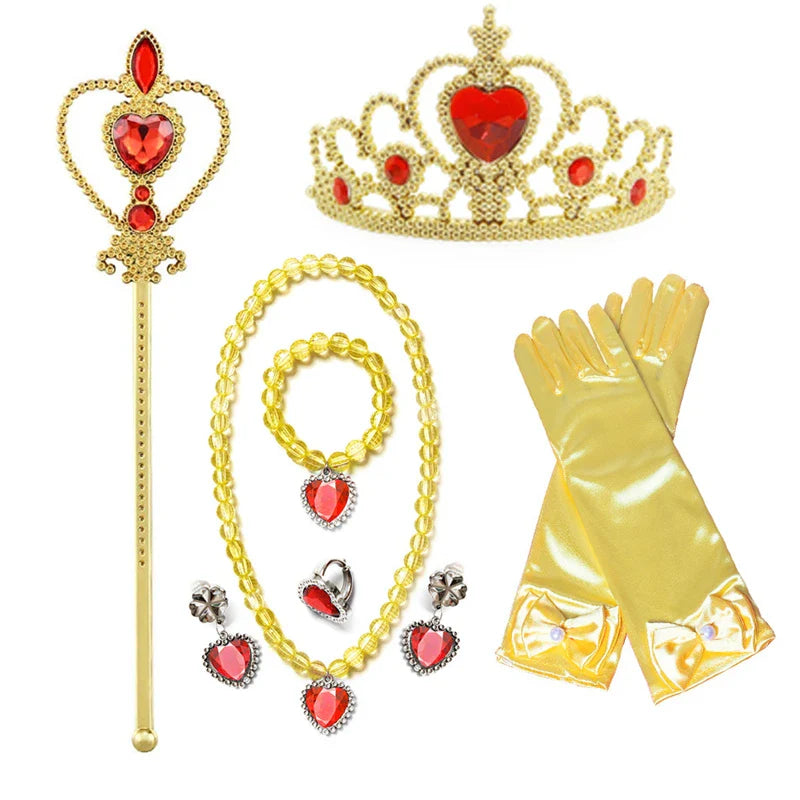 Girls Princess Snow White Accessory Party Tiara Crown Necklace Earrings Gloves Set Synthetic Hair Kids Snow White Dress Up Set