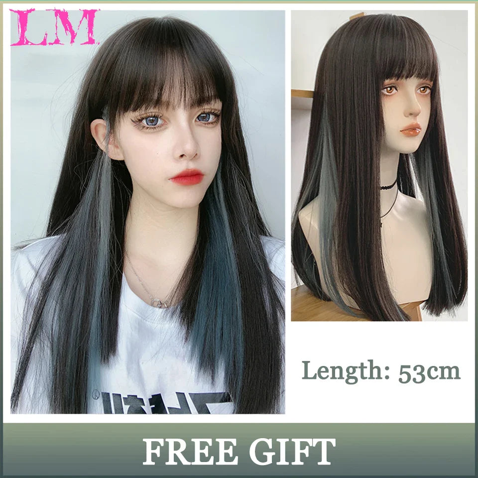 LM Dark Brown Wig Long Wave Wigs for Women Synthetic Hair Wig With Bangs Heat Resistant Party Daily Natural Use