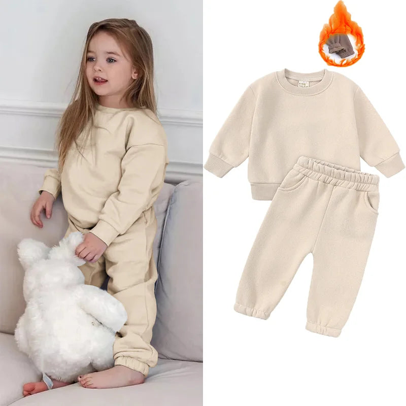 2023 New Arrivals Little Girls Clothing Tracksuit 2 Pieces Set Warm Fleece Plain Top Sweatshirt+Pants Loungewear Suit For Kids