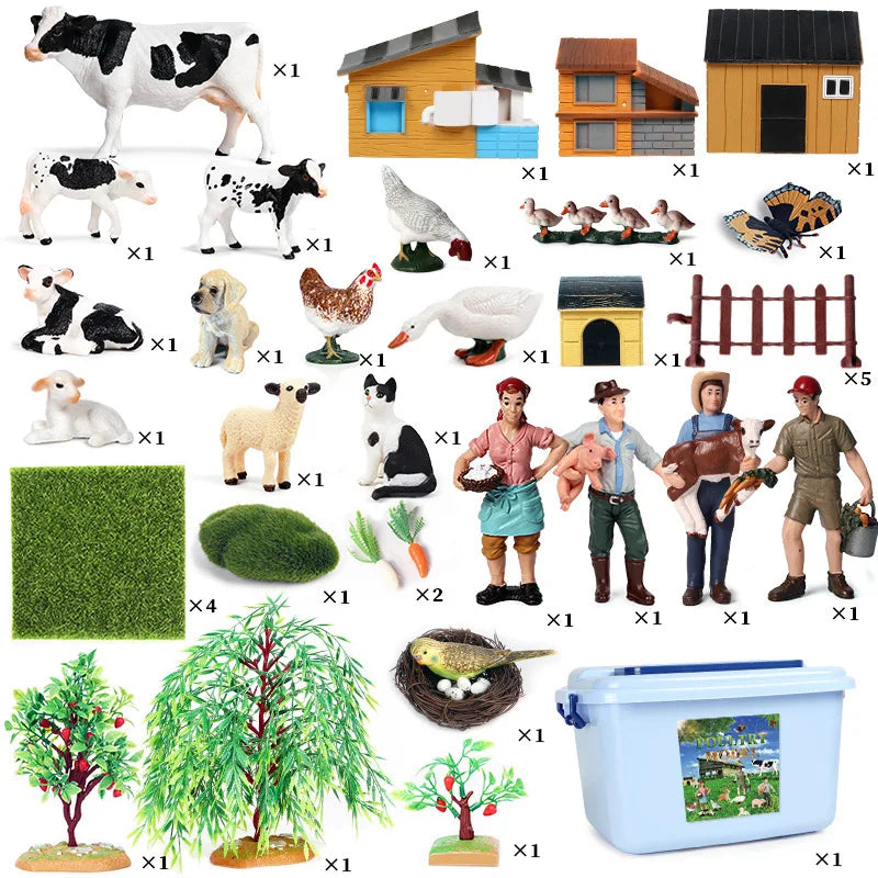 Oenux Farm House Model Action Figures Farmer Motorcycle Cow Hen Pig Animals Set Figurine Miniature PVC Cute Educational Kids Toy