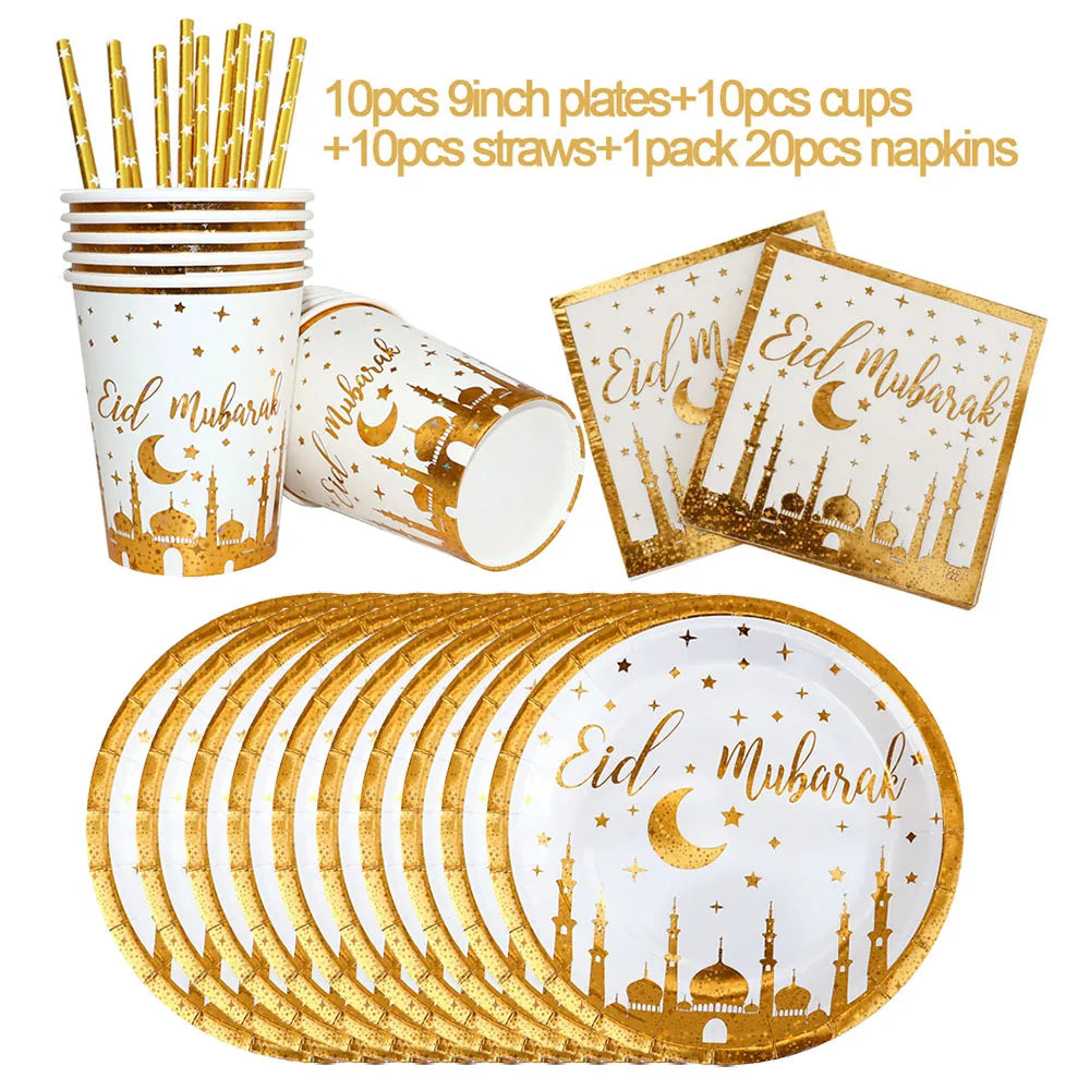 Gold Eid Mubarak Disposable Tableware Star Moon Gilded Plate Cup Gift Box EID Party Supplies 2024 Ramadan Mubarak Kareem Decor