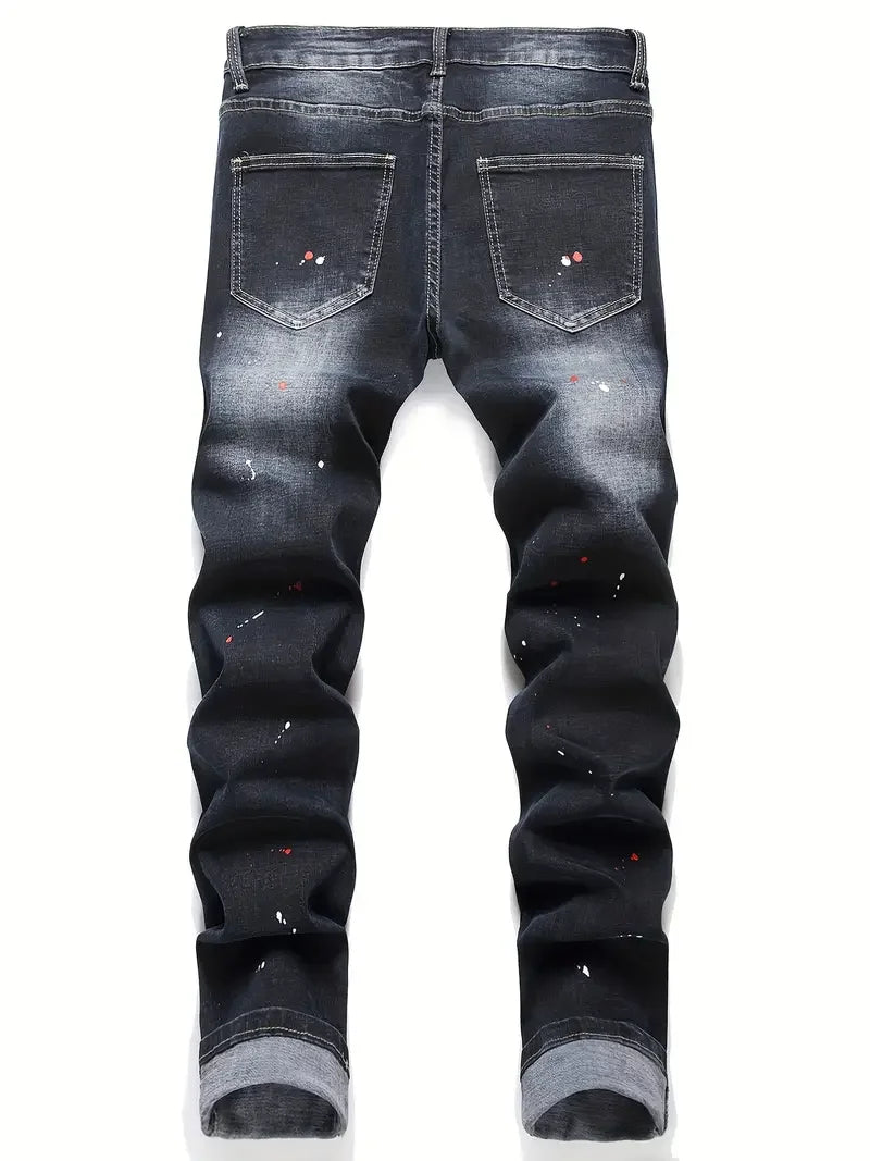 Men Stretchy Ripped Skinny Biker Embroidery Cartoon Print Jeans Destroyed Hole Slim Fit Denim High Quality Hip Hop Black Jeans